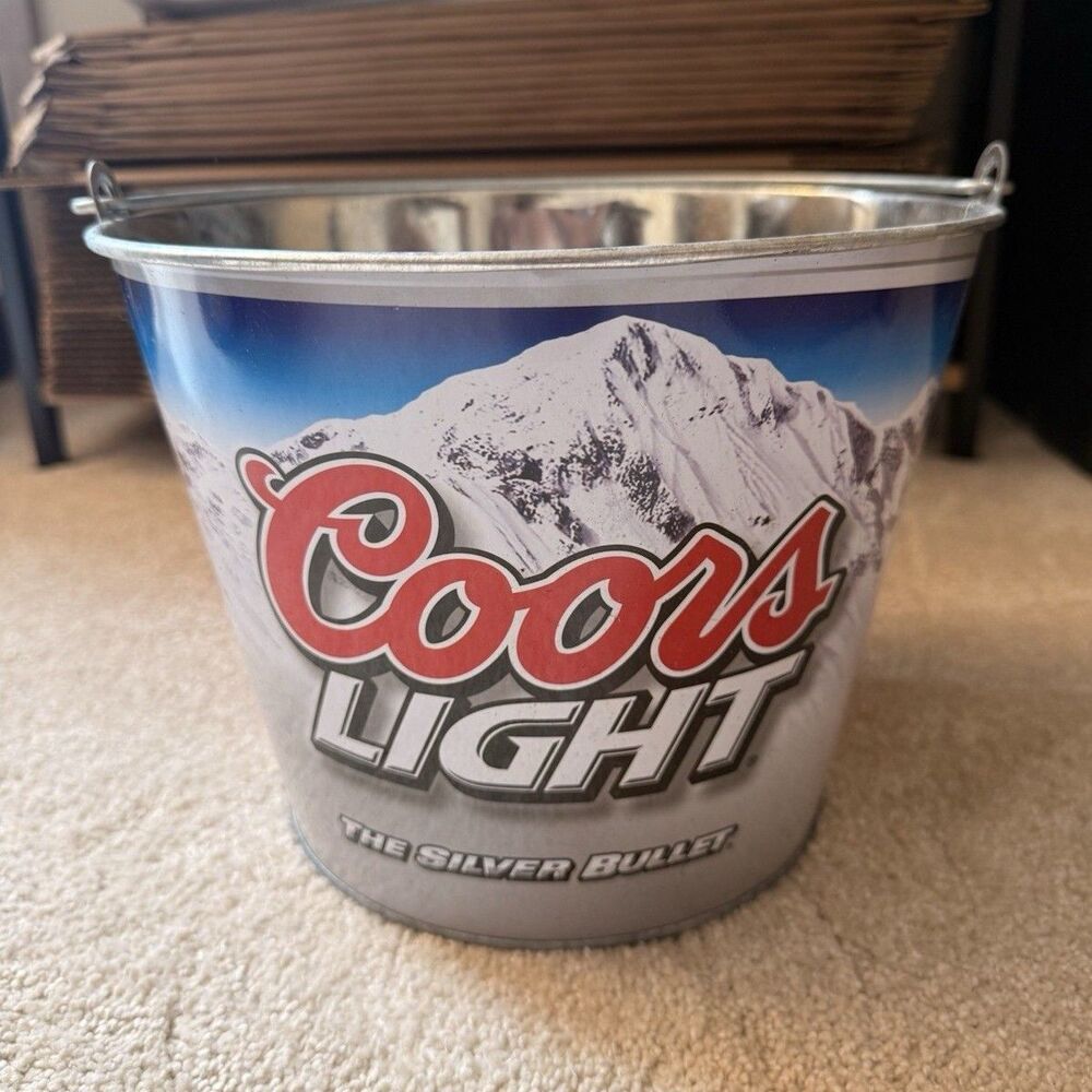 Coors Light Metal Round Ice Bucket Advertising Cooler Mountain Pattern Handle